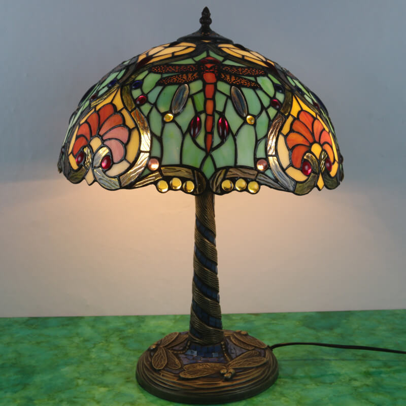 Traditional Tiffany Flower Decor Stained Glass Dome 2-Light Table Lamp For Bedroom