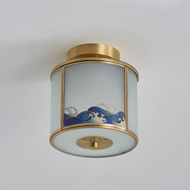 Traditionelle chinesische Messing-Glaszylinder-Deckenleuchte mit 1 Licht, halbbündige Montage für Wohnzimmer 