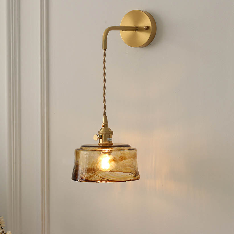 Modern Eclectic Amber Brass Glass Geometric Jar 1-Light Wall Sconce Lamp For Living Room