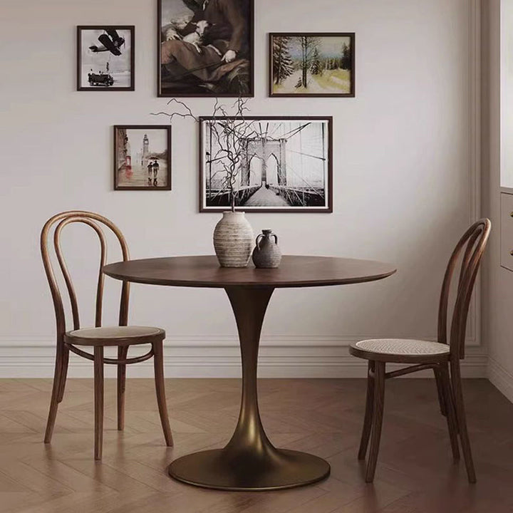 Contemporary Retro Round Black Walnut Antique Brass Plywood Rubberwood Faux Rattan Weaving Dining Table & Chair Set For 2 Seats