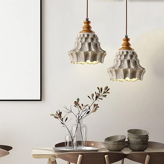 Traditionelle Vintage Holz Wellbeton Schatten 1-Licht Pendelleuchte für Wohnzimmer 