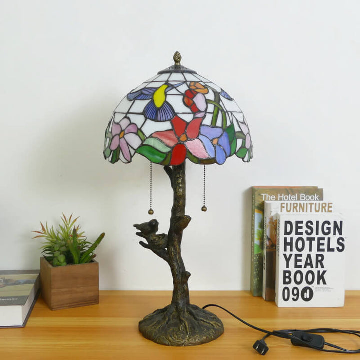Traditional Tiffany Dragonfly Flower Stained Glass Bird Base 2-Light Table Lamp For Bedroom