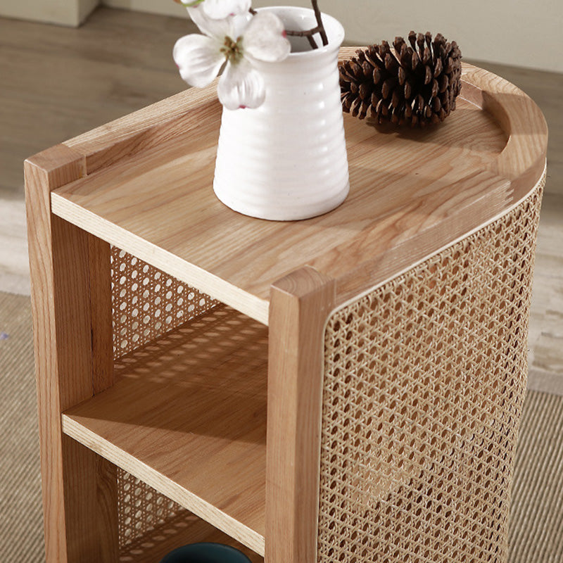 Traditioneller japanischer halbrunder Nachttisch aus Massivholz und Sperrholz mit Rattanweberei, 3-stufig, für das Schlafzimmer 