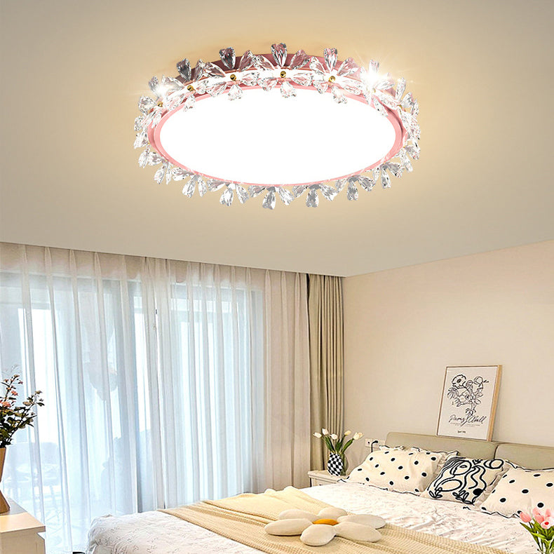Lustre LED Plafonnier Rond Moderne en Fer Acrylique Plastique avec Fleurs pour Chambre 
