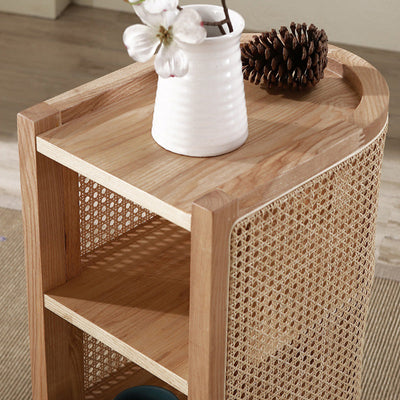 Table de nuit en bois de frêne avec tissage japonais traditionnel semi-circulaire elliptique en rotin à 2 rangements pour le chevet 