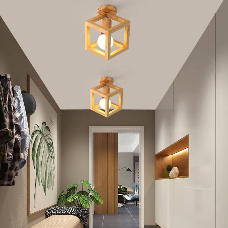 Japanese Minimalist Log Hollow Geometric Cube 1-Light Semi-Flush Mount Ceiling Light