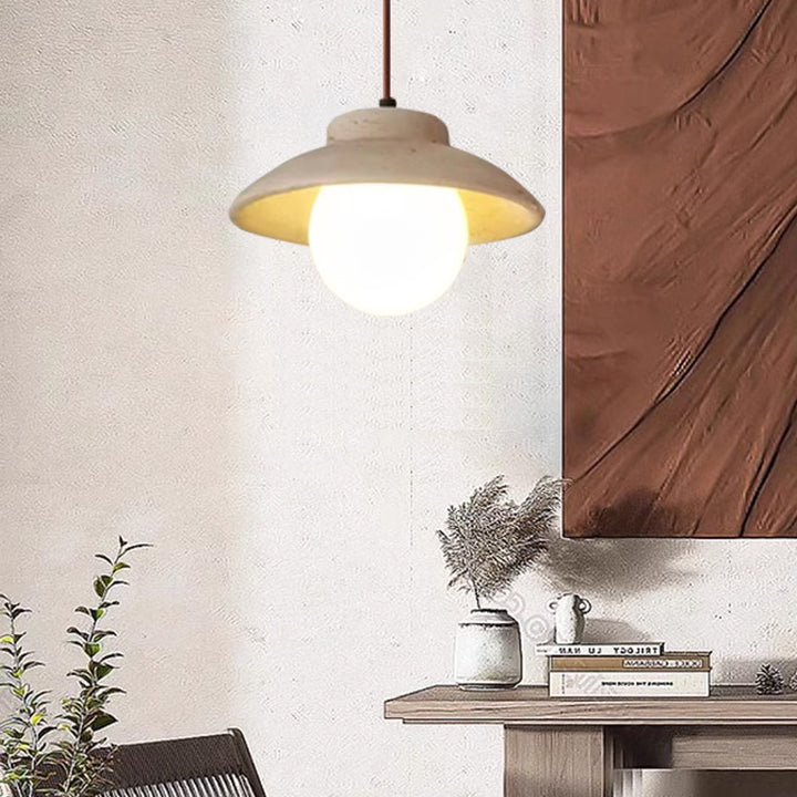 Suspension Luminaire 1 Lumière en Bois et Pierre Naturelle de Forme Bol Vintage Traditionnelle pour Chambre 