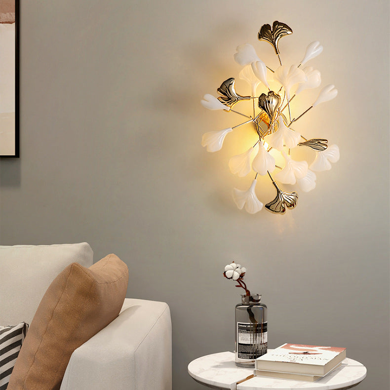 Applique murale contemporaine créative en feuille de ginkgo en fer plastique porcelaine 2/3 lumières pour salon 