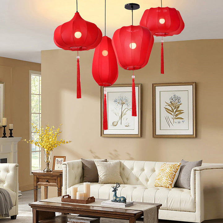 Lanterne chinoise traditionnelle en tissu et fer 1 lumière, suspension pour chambre à coucher 