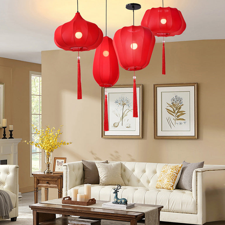 Traditionelle chinesische Laterne Stoff Eisen 1-Licht Pendelleuchte für Schlafzimmer 
