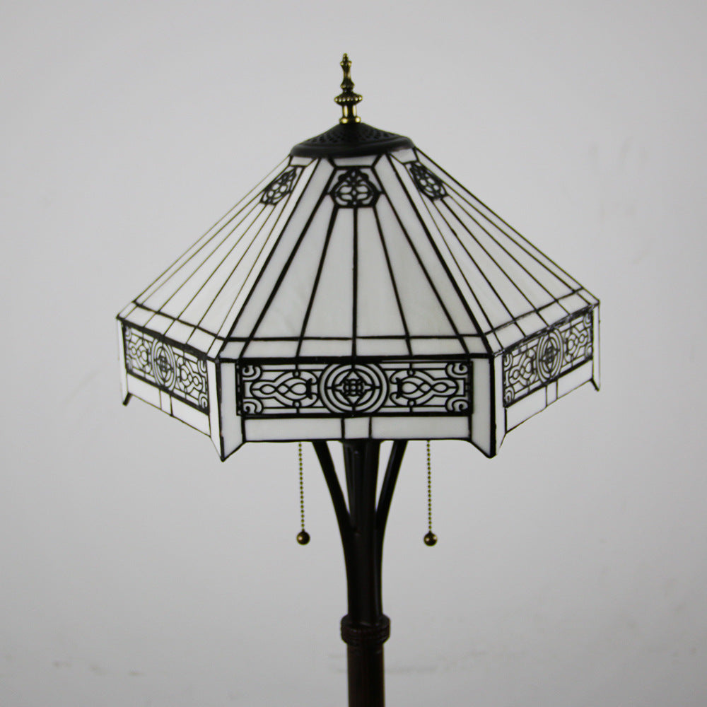 Lampe de sol traditionnelle Tiffany en résine avec dôme semi-circulaire en verre, motif de vache et fleur en diamant à 2 lumières pour salle à manger 