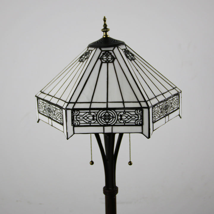 Lampe de sol traditionnelle Tiffany en résine avec dôme semi-circulaire en verre, motif de vache et fleur en diamant à 2 lumières pour salle à manger 