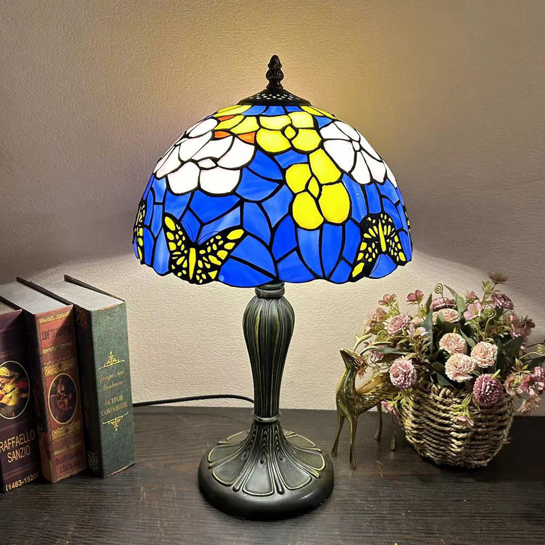 Lampe de table à 1 lumière en verre teinté alliage de fleurs en dôme rond traditionnel Tiffany pour salon 
