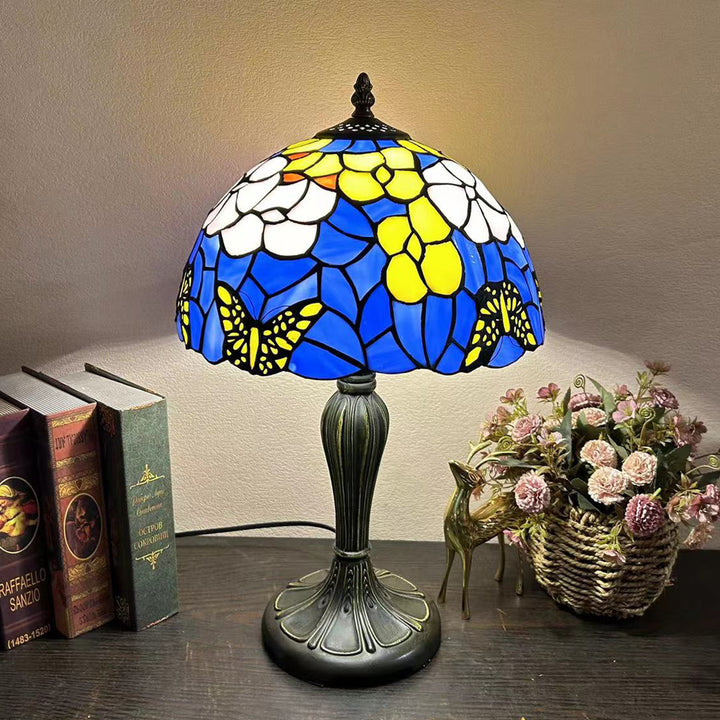 Lampe de table à 1 lumière en verre teinté alliage de fleurs en dôme rond traditionnel Tiffany pour salon 
