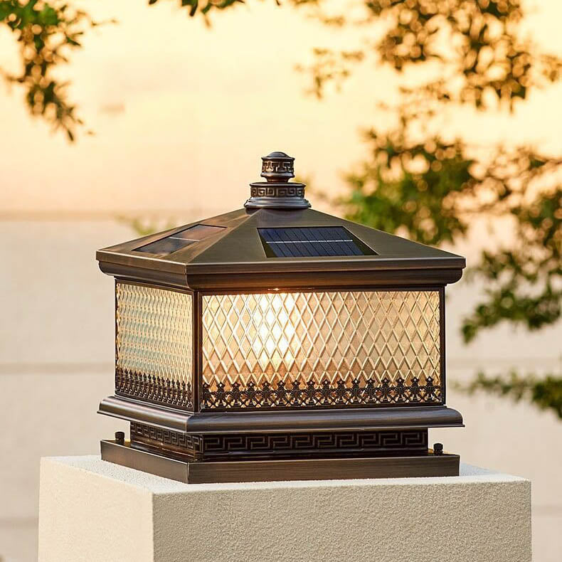Traditionelle Chinesische Palast Messing Glas Solar 1-Licht Außenleuchte Für Garten 