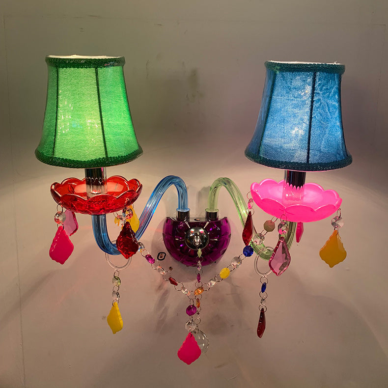 Traditional European Kids Glass Crystal Metal Fabric Candlestick Holder Flower 2-Light Wall Sconce Lamp For Bedside