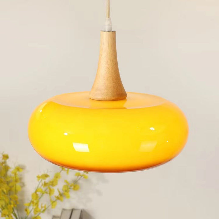 Zeitgenössische Einfachheit Persimmon Glas Form Holz 1-Licht Pendelleuchte für Wohnzimmer 