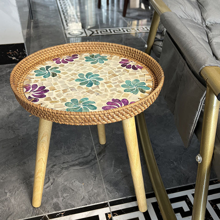 Traditional Rustic Handmade Shell Round Wood Rattan Side Table For Liv ...