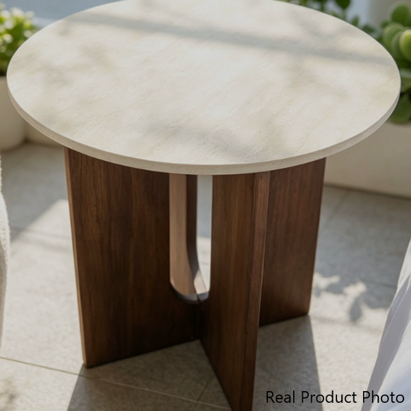 Contemporary Nordic Natural Travertine Pine Wood Round Side Table For Living Room