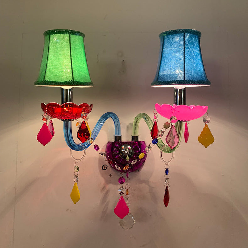 Traditional European Kids Glass Crystal Metal Fabric Candlestick Holder Flower 2-Light Wall Sconce Lamp For Bedside