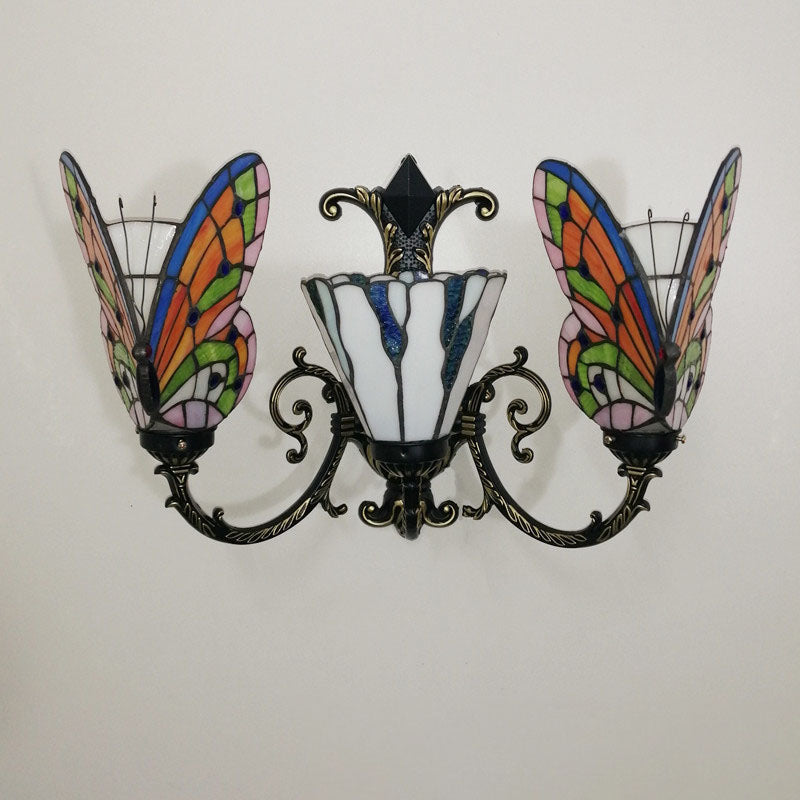 Traditional Tiffany European Butterfly Alloy Iron Glass 3-Light Wall Sconce Lamp For Hallway