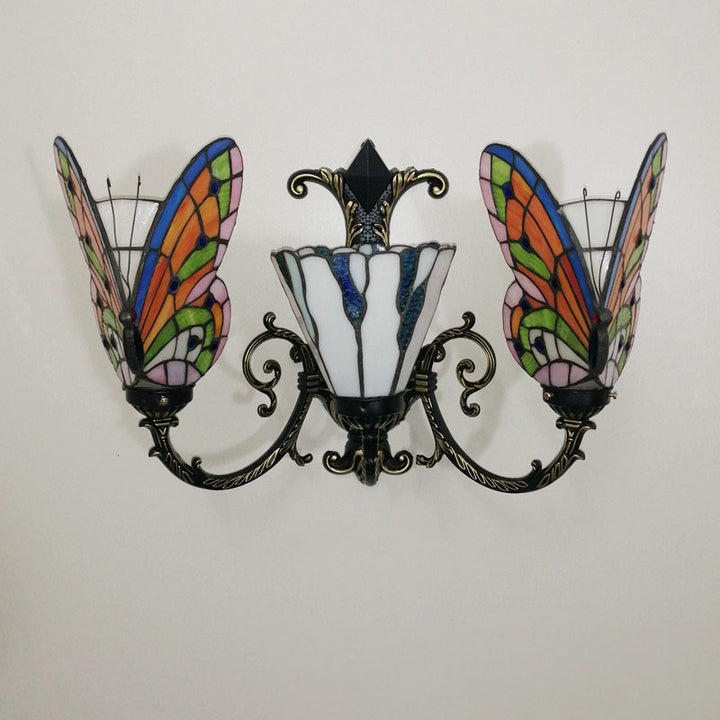 Traditional Tiffany European Butterfly Alloy Iron Glass 3-Light Wall Sconce Lamp For Hallway