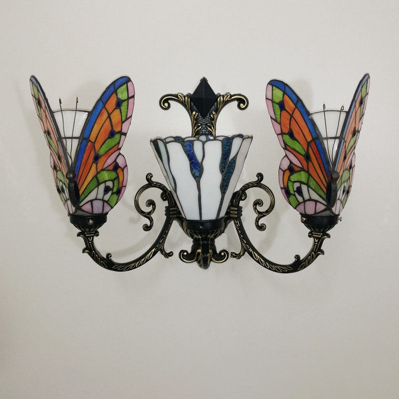 Traditional Tiffany European Butterfly Stained Glass 3-Light Wall Sconce Lamp For Hallway