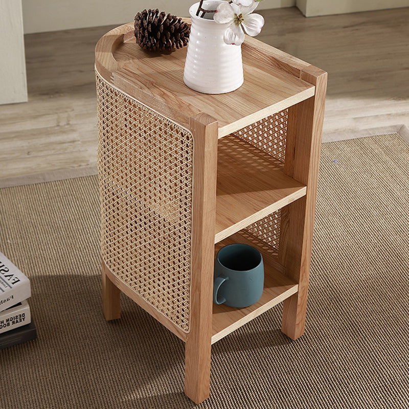 Traditioneller japanischer halbrunder Nachttisch aus Massivholz und Sperrholz mit Rattanweberei, 3-stufig, für das Schlafzimmer 