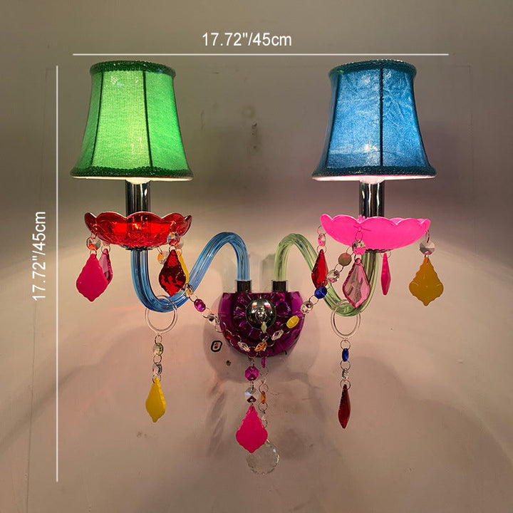 Tradicional candelabro de tela de metal de cristal de vidrio para niños europeos con flor de 2 luces para lámpara de pared junto a la cama 