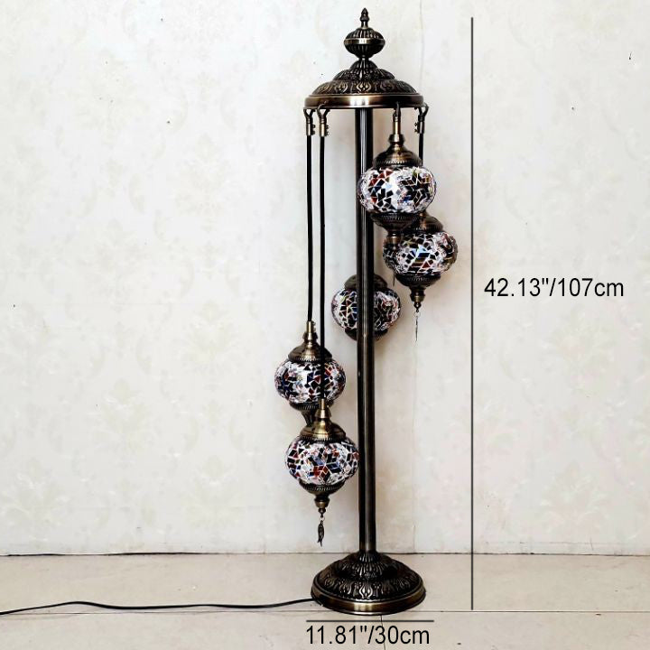 Lámpara de pie de vidrio teñido de hierro con bola ovalada tradicional Tiffany de 5/7 luces para sala de estar 