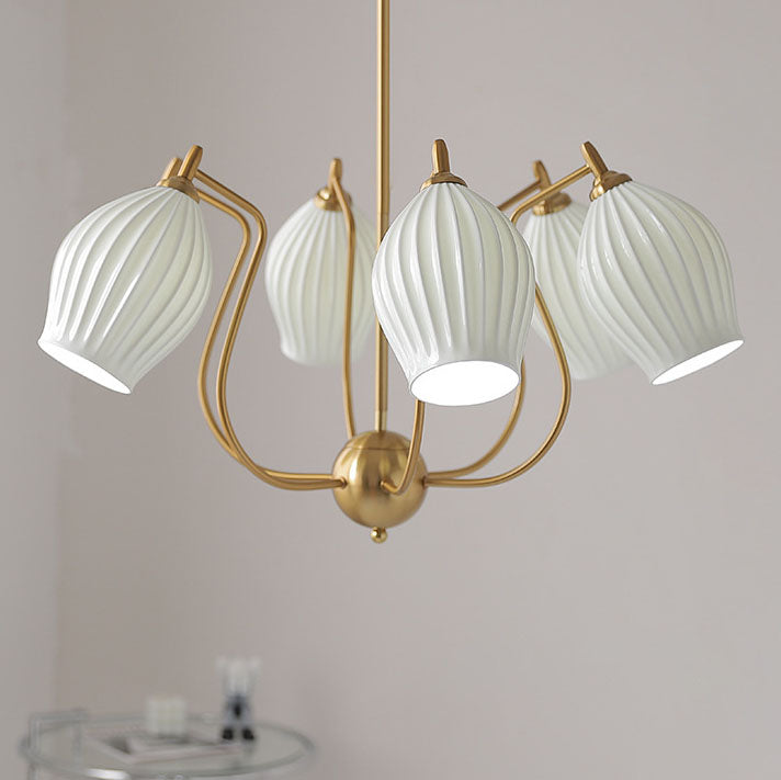 Traditioneller französischer Kronleuchter aus Eisen, Kupfer und Keramik mit Blumenglocke, gestreift, 4/6/8 Lichter für Wohnzimmer 