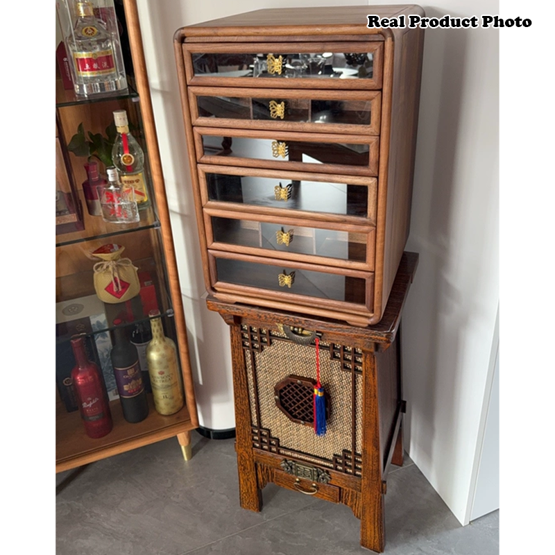 Gabinete de almacenamiento cuadrado de vidrio de cobre y nogal negro retro contemporáneo con 6 cajones para sala de estar 