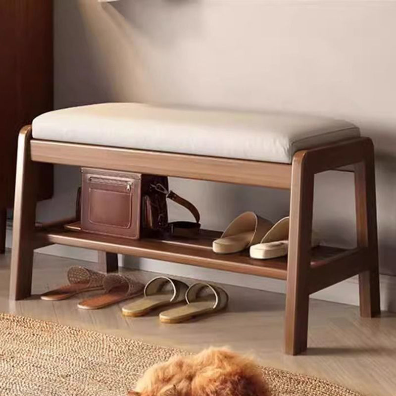 Banco zapatero rectangular de madera de caucho y cuero antirrayaduras estilo escandinavo contemporáneo con 1 estante para recibidores 