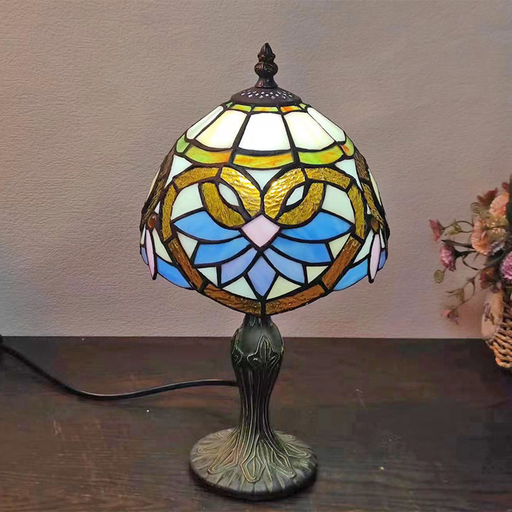 Lampe de table à 1 lumière en verre teinté en zinc à motif de fleurs traditionnelles Tiffany Dome pour chambre 