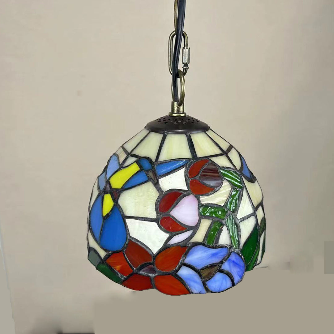 Traditionelle Tiffany Runde Kuppel Petunia Barock Zink Buntglas 1-Licht Pendelleuchte für Wohnzimmer 