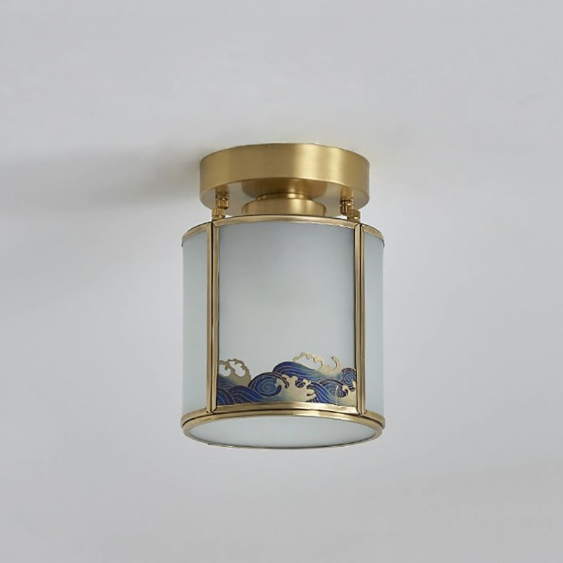 Traditionelle chinesische Malerei Zylinder Kupfer Löten 1-Licht Semi-Flush Mount Deckenleuchte für Schlafzimmer 