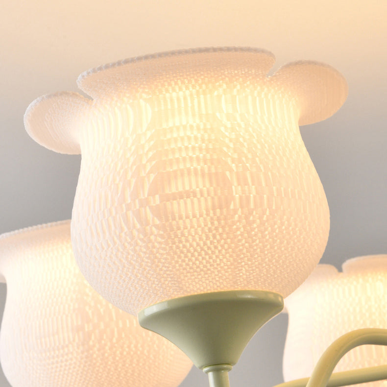 Moderner Art-Deco-Kronleuchter mit Eisenrahmen und PLA-Glocken-Orchideen-Blumenschirm, 3/5/6 Lichter, für Wohnzimmer 
