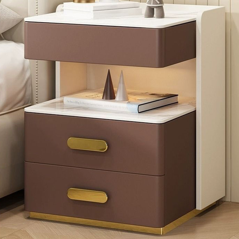 Contemporary Luxury Rectangular Rock Slab Plywood Pine Microfiber Leather Nightstand 2-Drawer For Bedroom