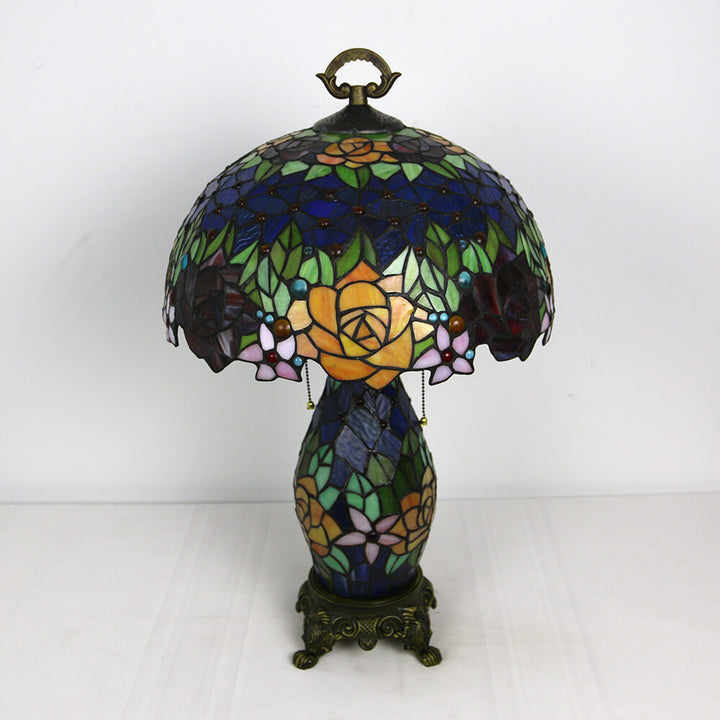 Tiffany Vintage Rosenblume Dekor Buntglas Kuppel 2-Licht Tischlampe 