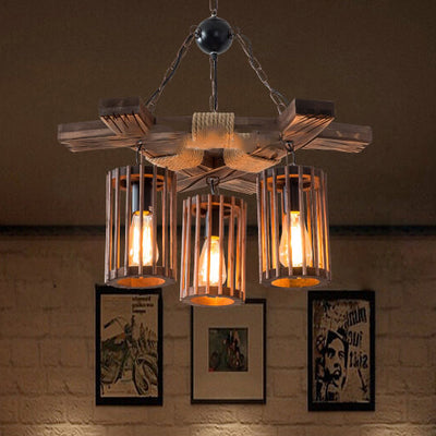 Retro Hemp Rope Wooden Birdcage Lampshade 3-Light Chandelier