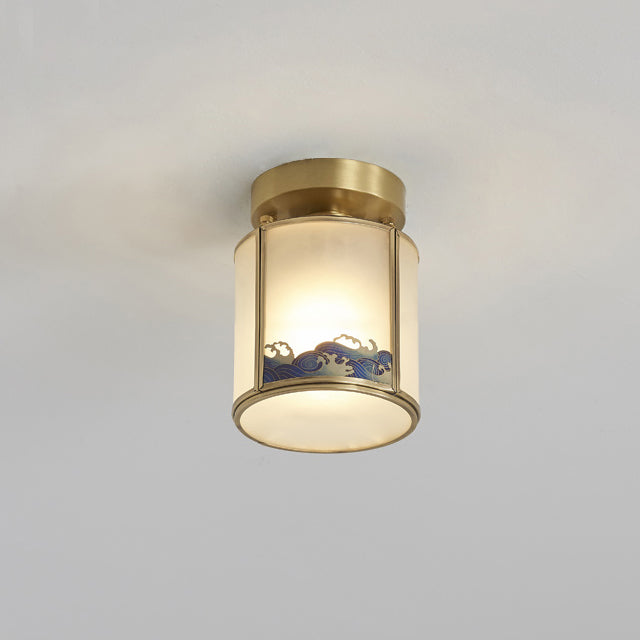 Plafonnier semi-encastré à 1 lumière en laiton et verre de style chinois traditionnel pour salon 