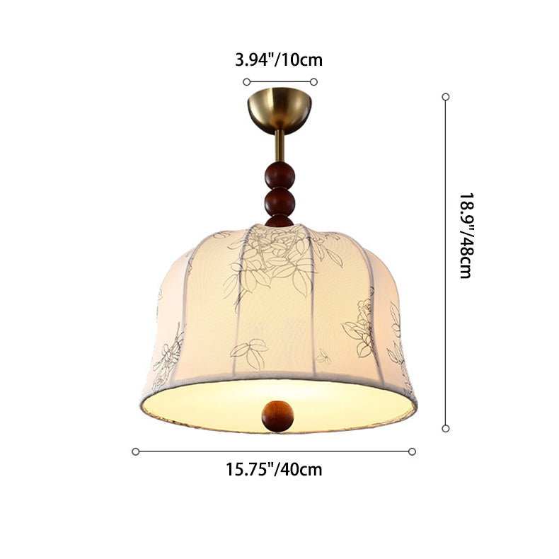 Lámpara colgante de 1 luz de tela floral redonda romántica francesa tradicional de madera y metal para dormitorio 