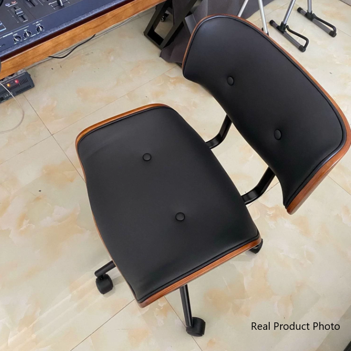 Moderner, schlichter Drehstuhl aus gebogenem PU-Leder, Karbonstahl und Sperrholz, höhenverstellbar, mit Rollen, für Homeoffice 