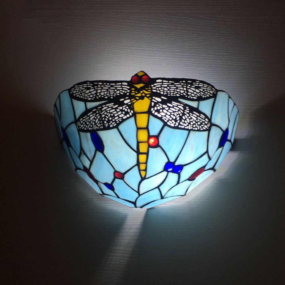 Applique Murale à 1 Lumière en Verre Alliage Tiffany Traditionnel avec Fleur Semi-circulaire et Libellule pour Couloir 