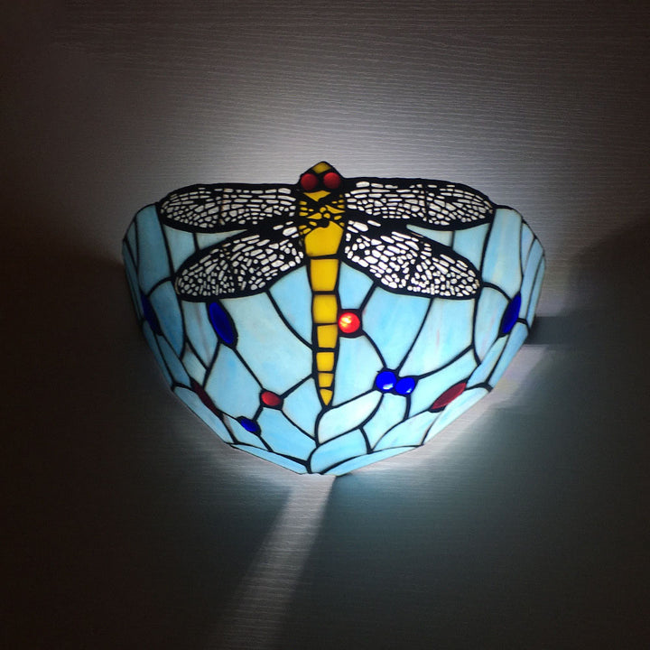 Applique Murale à 1 Lumière en Verre Alliage Tiffany Traditionnel avec Fleur Semi-circulaire et Libellule pour Couloir 