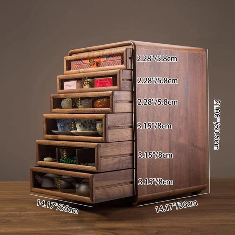 Gabinete de almacenamiento cuadrado de vidrio de cobre y nogal negro retro contemporáneo con 6 cajones para sala de estar 