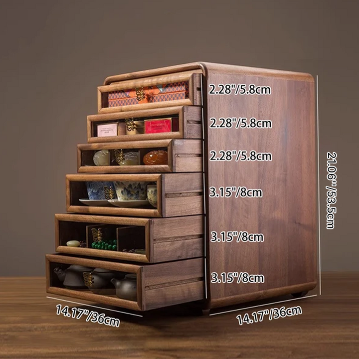 Gabinete de almacenamiento cuadrado de vidrio de cobre y nogal negro retro contemporáneo con 6 cajones para sala de estar 