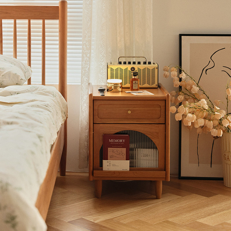 Table de nuit cube en bois massif rétro contemporain avec 1 tiroir pour chambre à coucher 