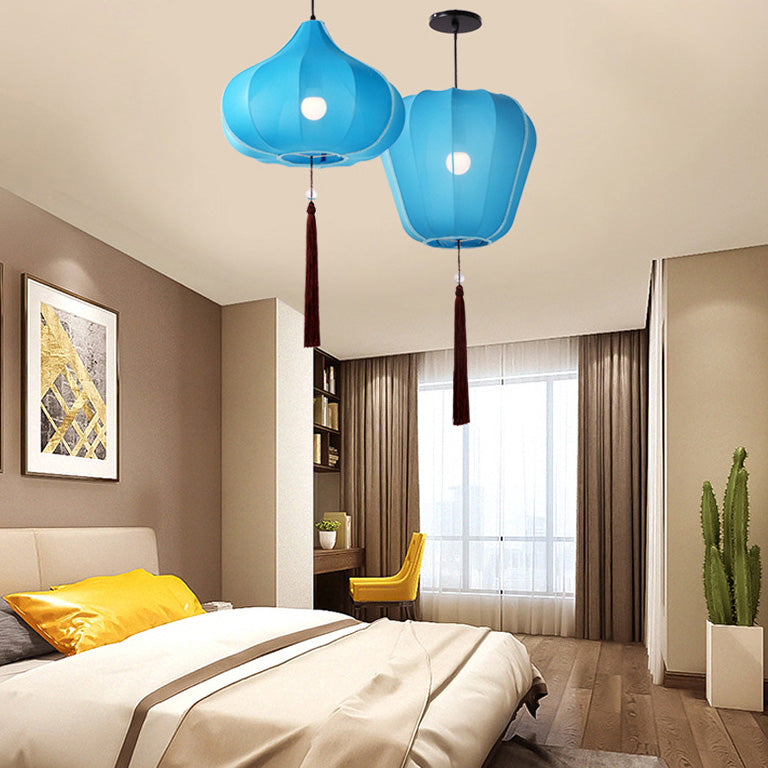 Traditionelle chinesische Laterne Stoff Eisen 1-Licht Pendelleuchte für Schlafzimmer 