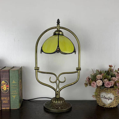 Tiffany Vintage Flower Stained Glass Shade Metal Base 1-Light Table Lamp